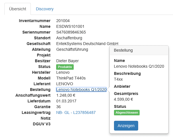 Übersichtliche Daten eines Assets