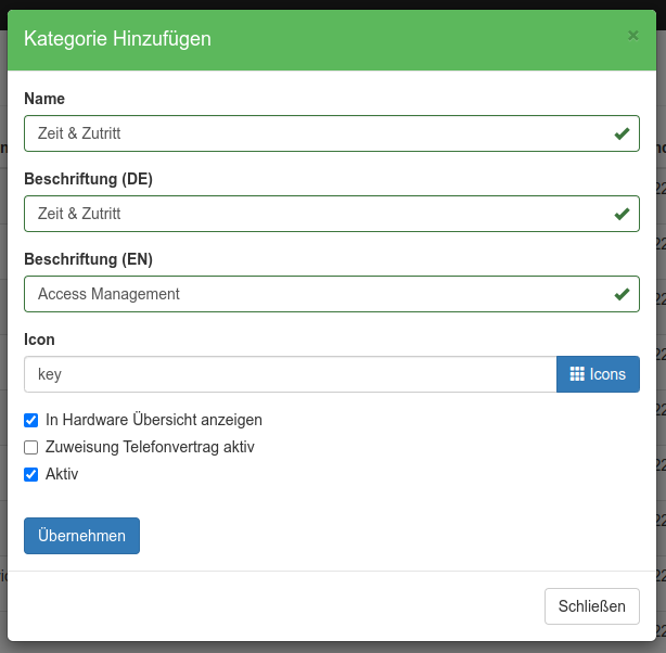 Anlage einer neuen Kategorie zur Schlüsselverwaltung in Inventory360