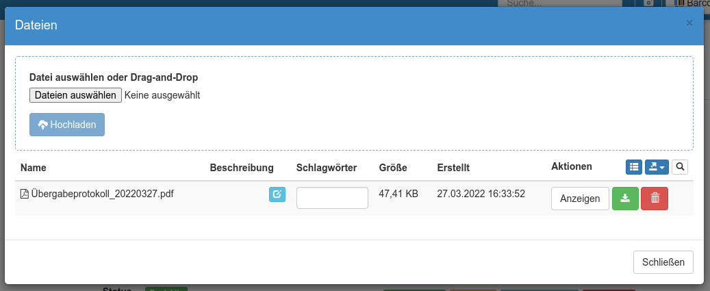 Übersicht der verknüpften Protokolle und Dateien zu einem Schlüssel