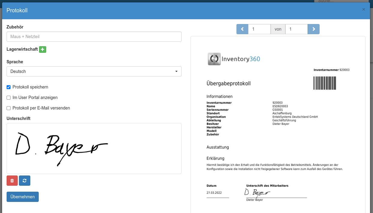 Digitale Unterzeichnung im Übergabeprotokoll eines Schlüssels