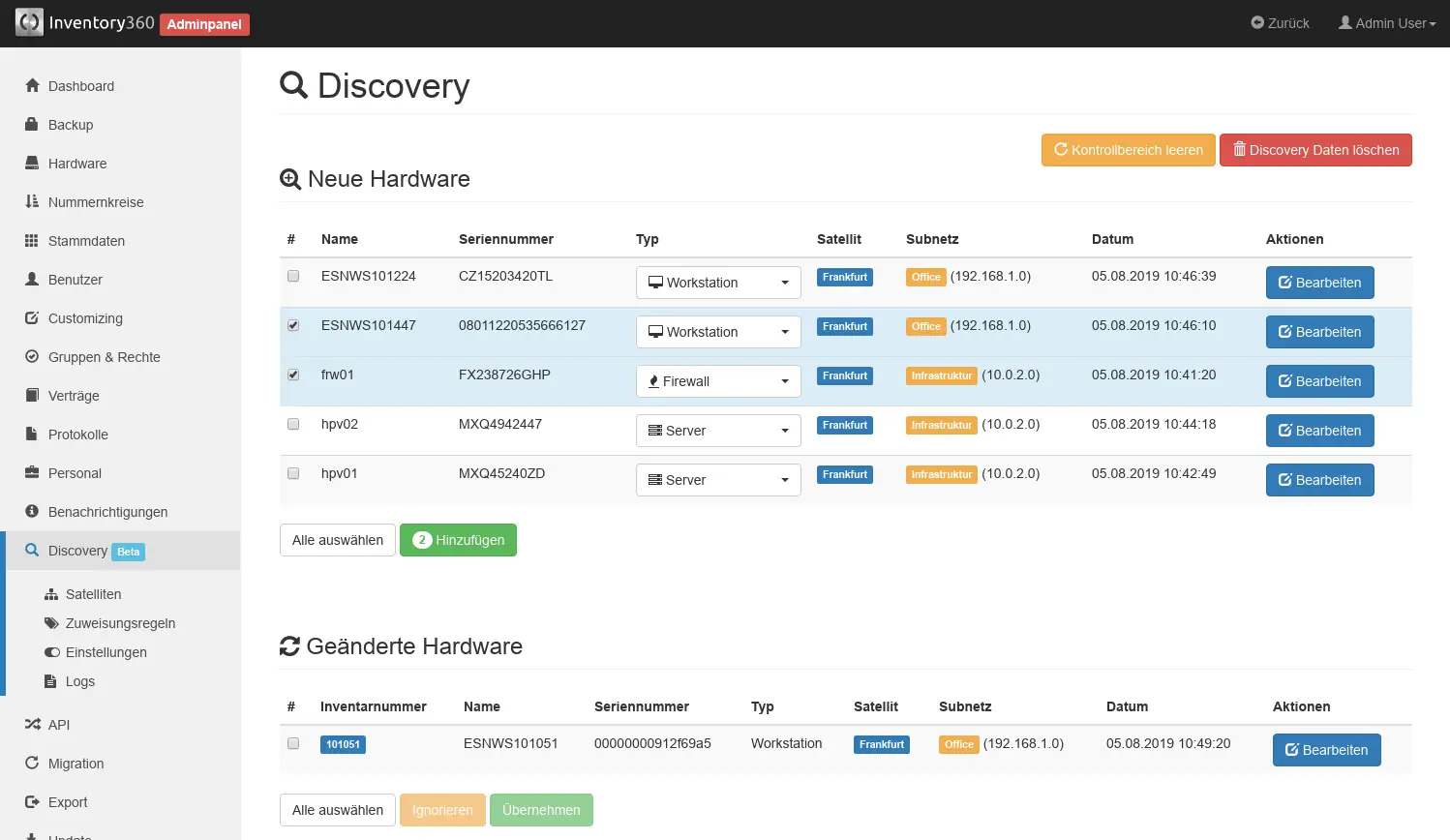 Ansicht automatisch erkennter Assets im Discovery Kontrollbereich.