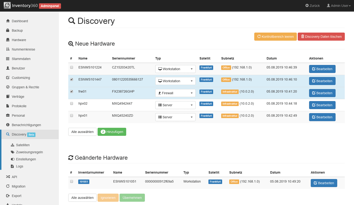 Kontrollbereich der automatischen Inventarisierung in Inventory360