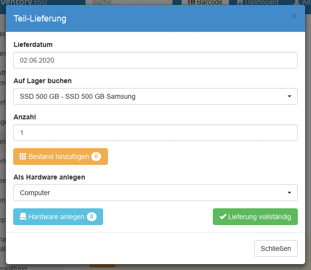 Teil-Lieferung und Übernahme von Artikeln aus einer Bestellung