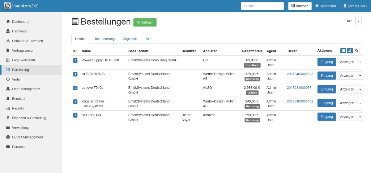 Inventory360 Bestellungsübersicht