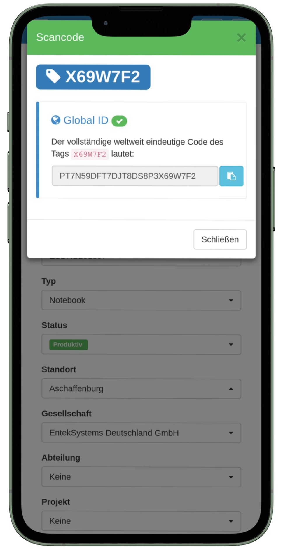 Global ID Etikett wird dem Asset zugeordnet