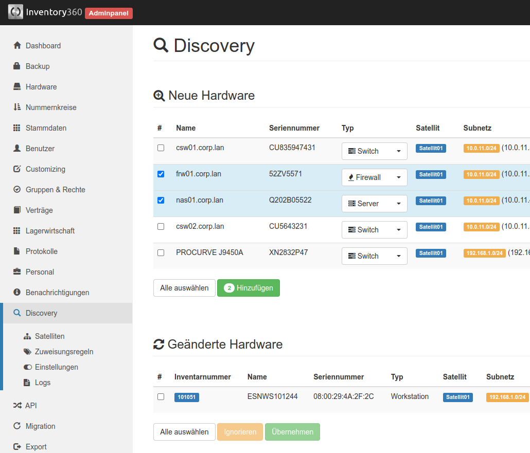 Ansicht automatisch erkennter Assets im Discovery Kontrollbereich.
