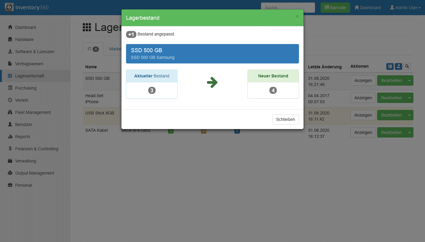 Bestandsveränderung per Barcode-Scan