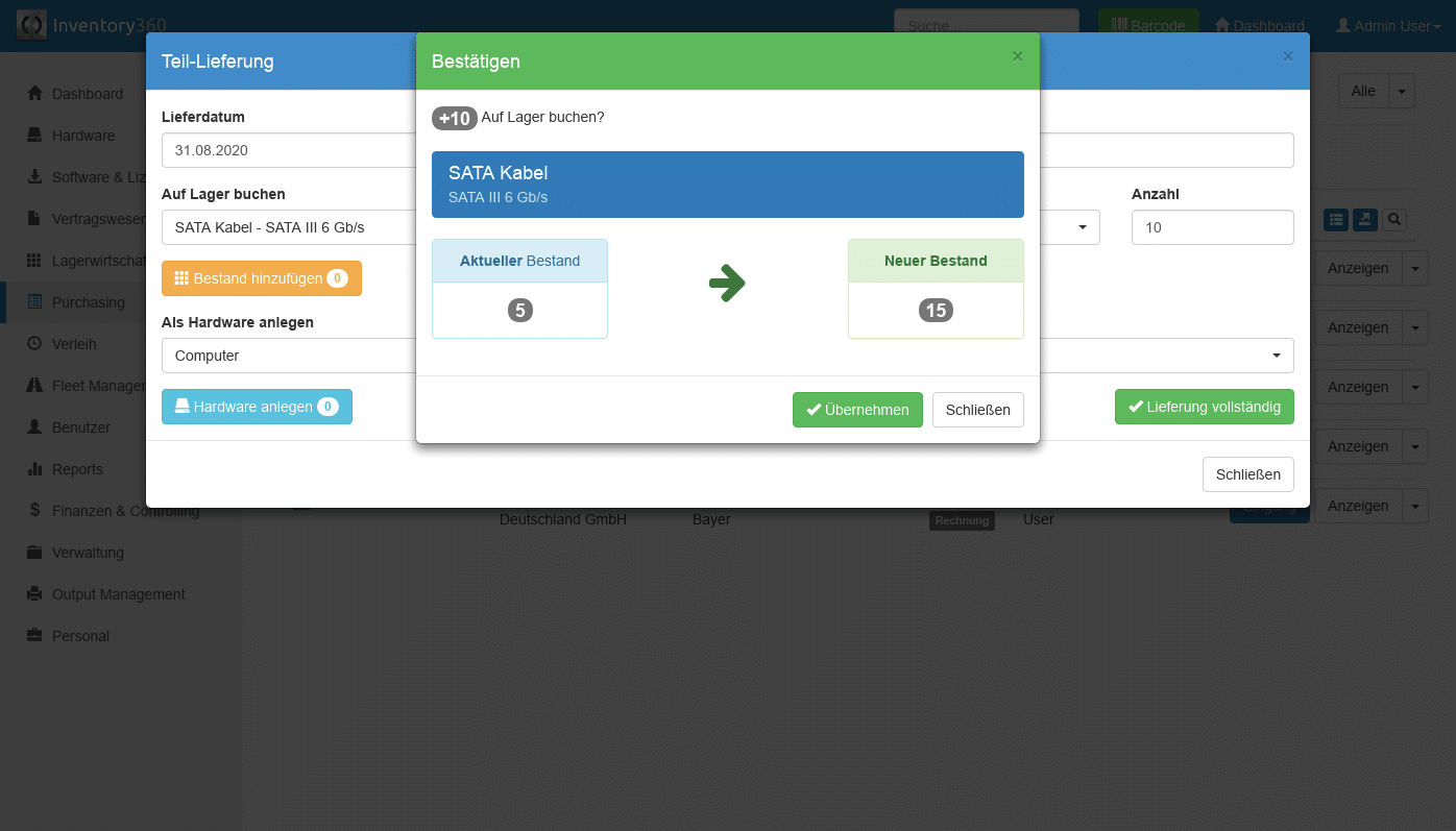 Übernahme einer Bestellung zum Lagerbestand