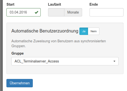 Gruppenauswahl für automatische Benutzerzuweisung einer Lizenz