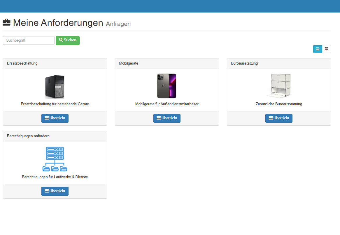 Auswahl der definierten Anforderungen aus dem Service-Katalog im Self-Service-Portal