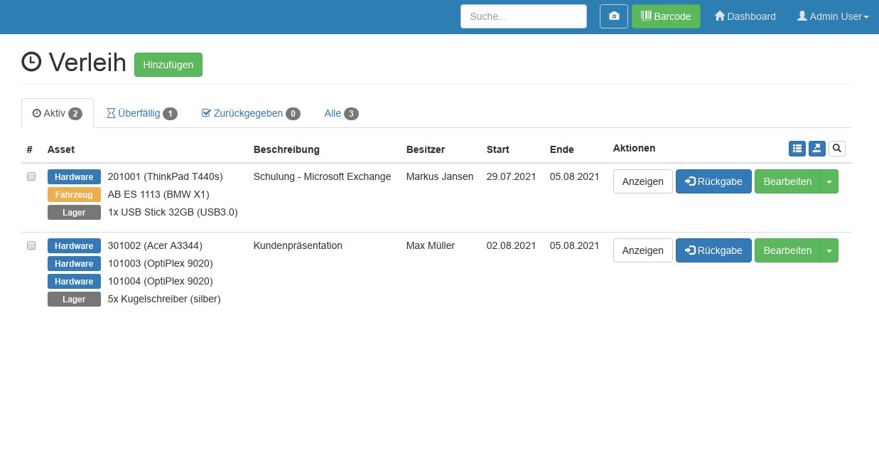Inventory360 Dashboard für Verleih