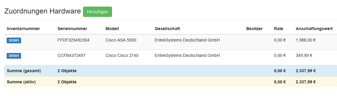 Zuweisung von Hardware Assets zu einem Vertrag