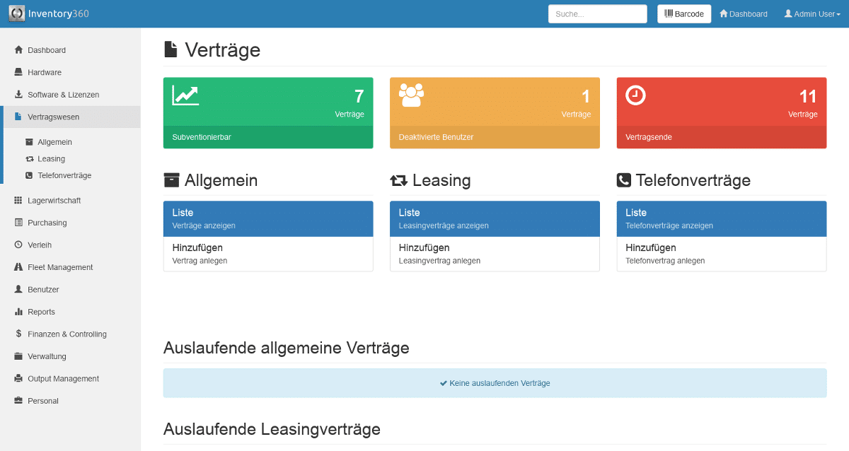 Inventory360 Dashboard für Verträge